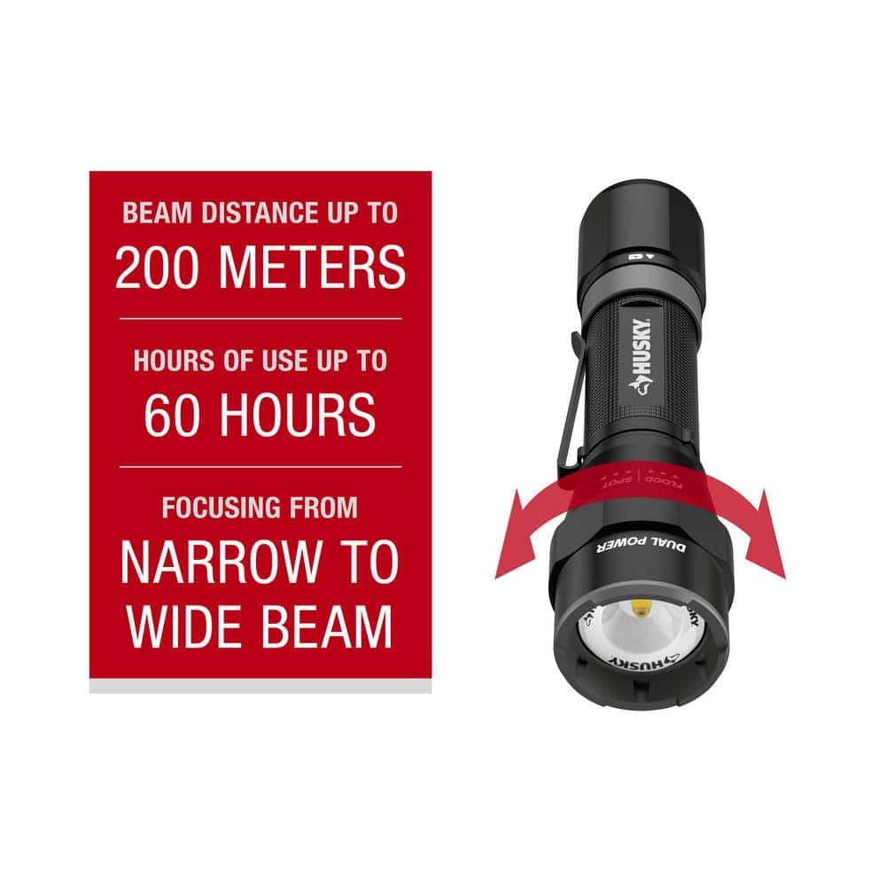 Husky 1200 Lumens Dual Power LED Flashlight w/ Battery & USB-C Cable