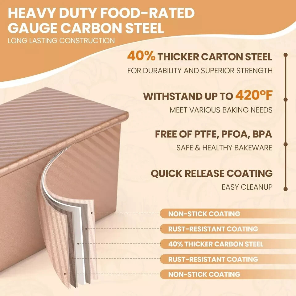 Pullman Loaf Pan with Lid, Premium 1 lb Large, 1LB Dough Capacity, Rose Gold