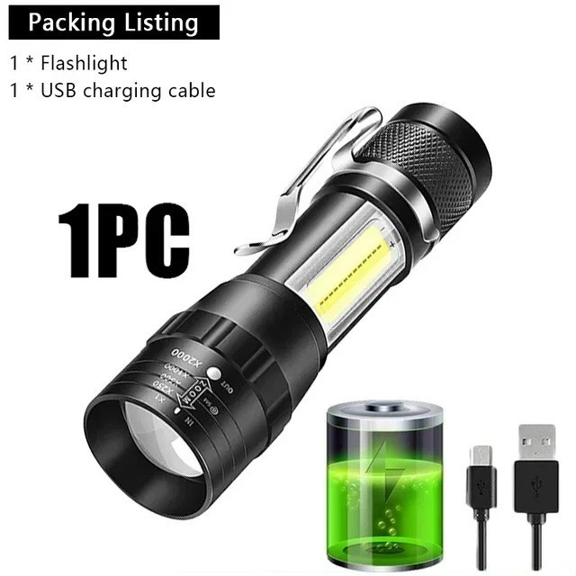 Mini COB XPE Flashlight USB Rechargeable Zoomable Torch Camping