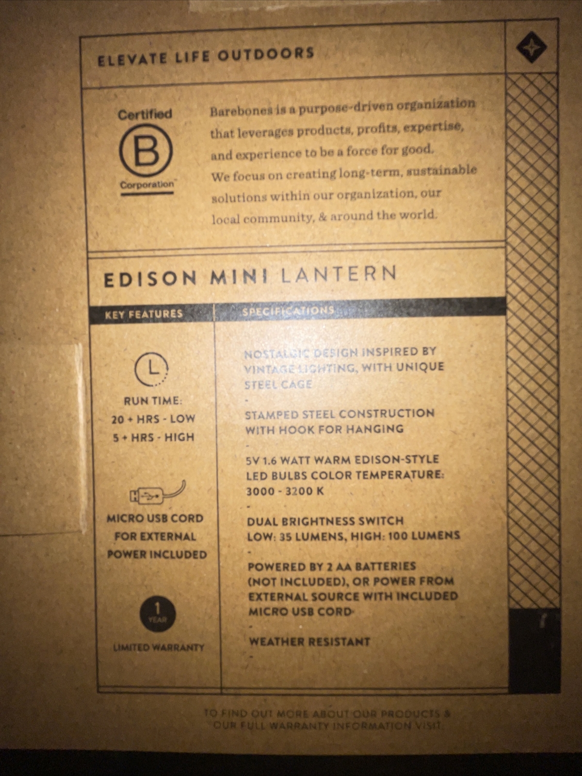 Barebones Living Edison Mini Camping off-road Lantern Weather Resistant LIV-273
