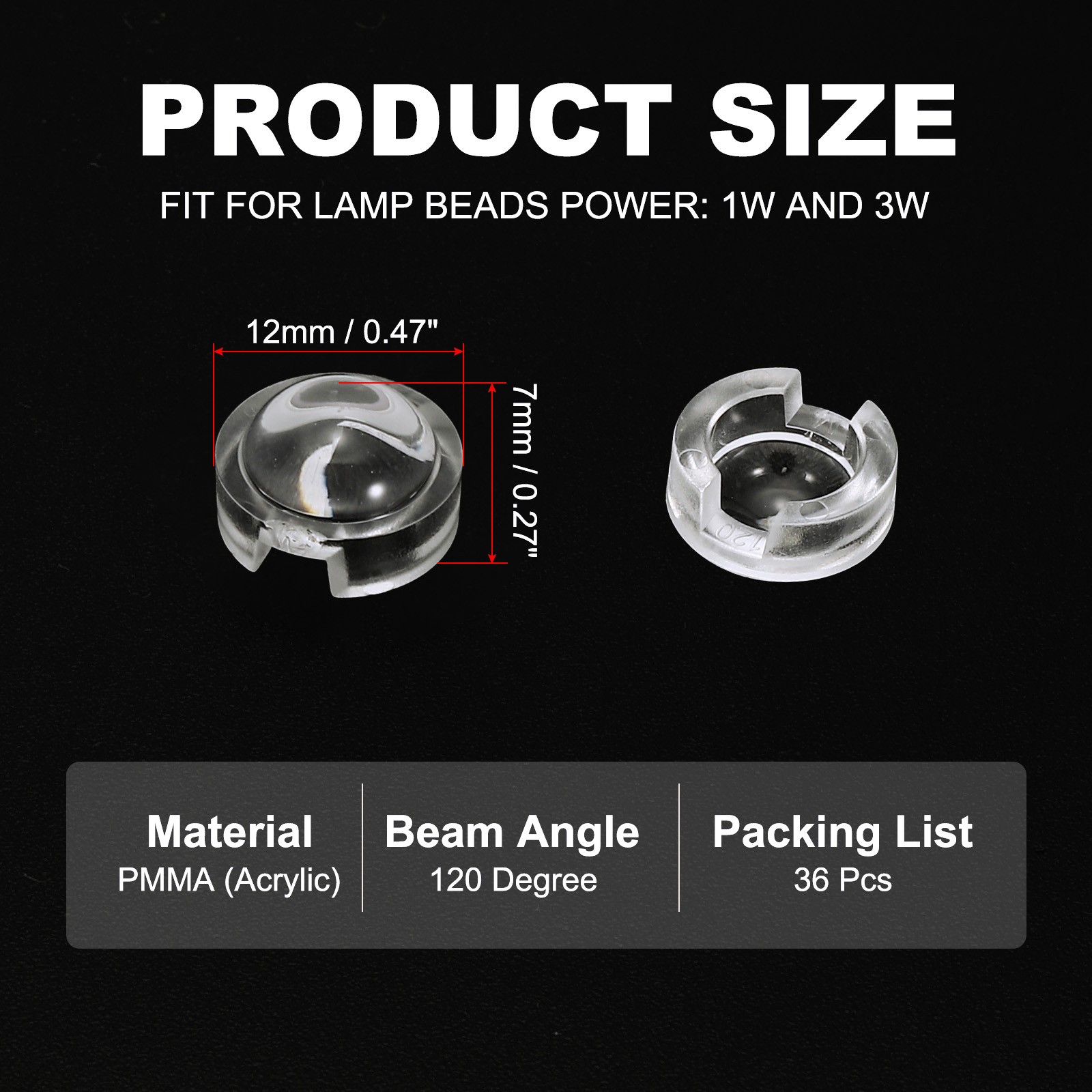 36 Pack 12mm LED Convex Lens 120 Degree Beam PMMA Angle Acrylic LED