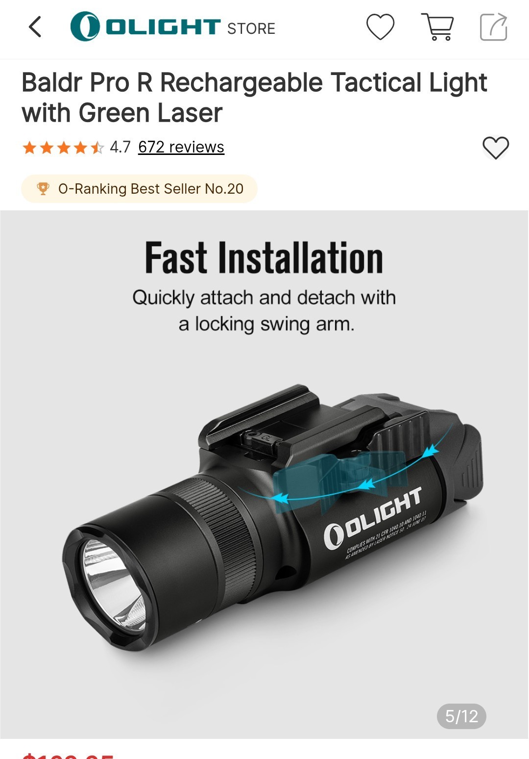 Olight Baldr Pro R Rechargeable Light w/LED & Green Laser, 1350 Lumens