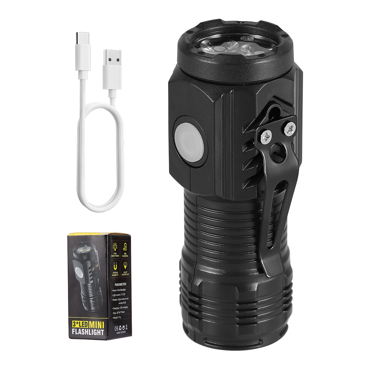 3 X Mini LED Flashlight Type C USB Rechargeable Bright Torch Work Light 5 Modes