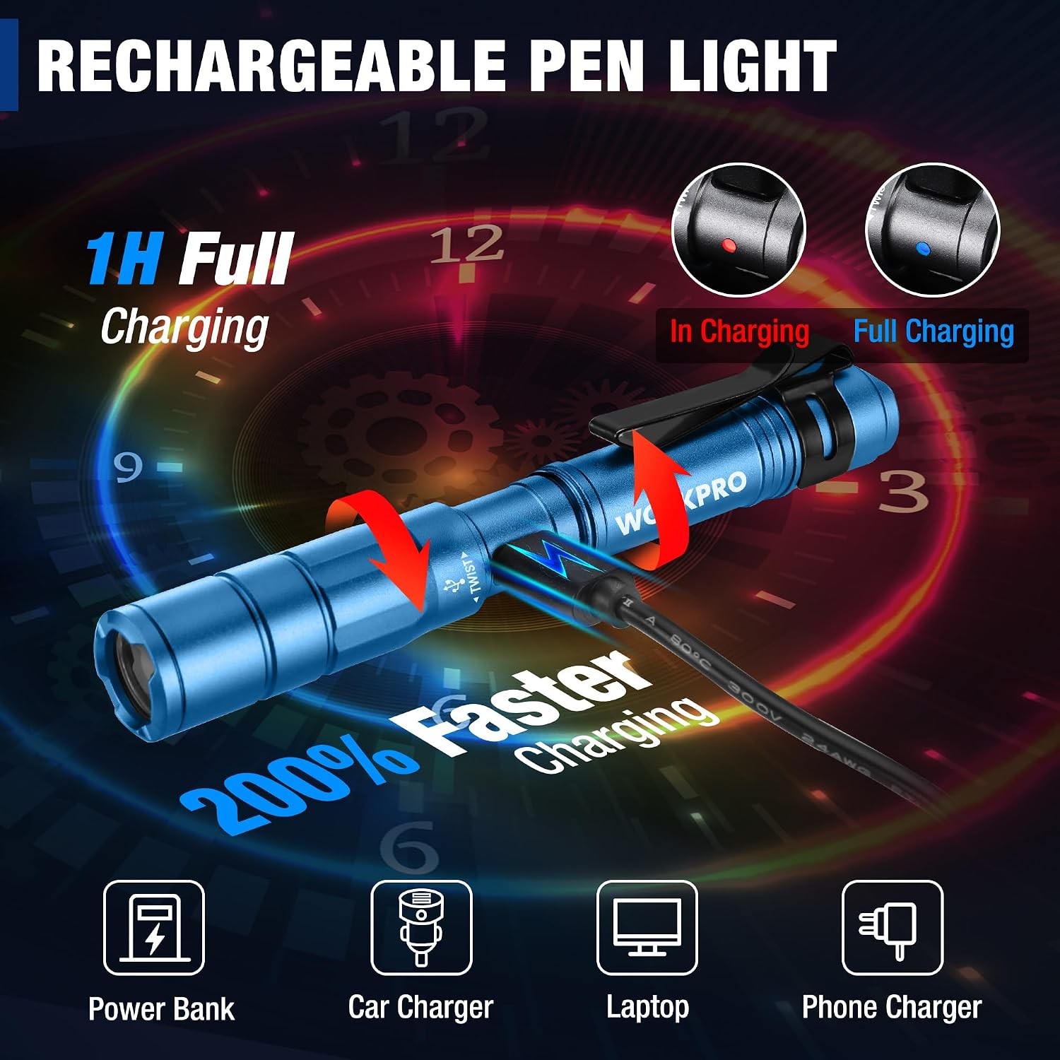 WORKPRO Rechargeable Pen Light, Mini Flashlight, 2 Pack Ultra-Compact EDC Flashl