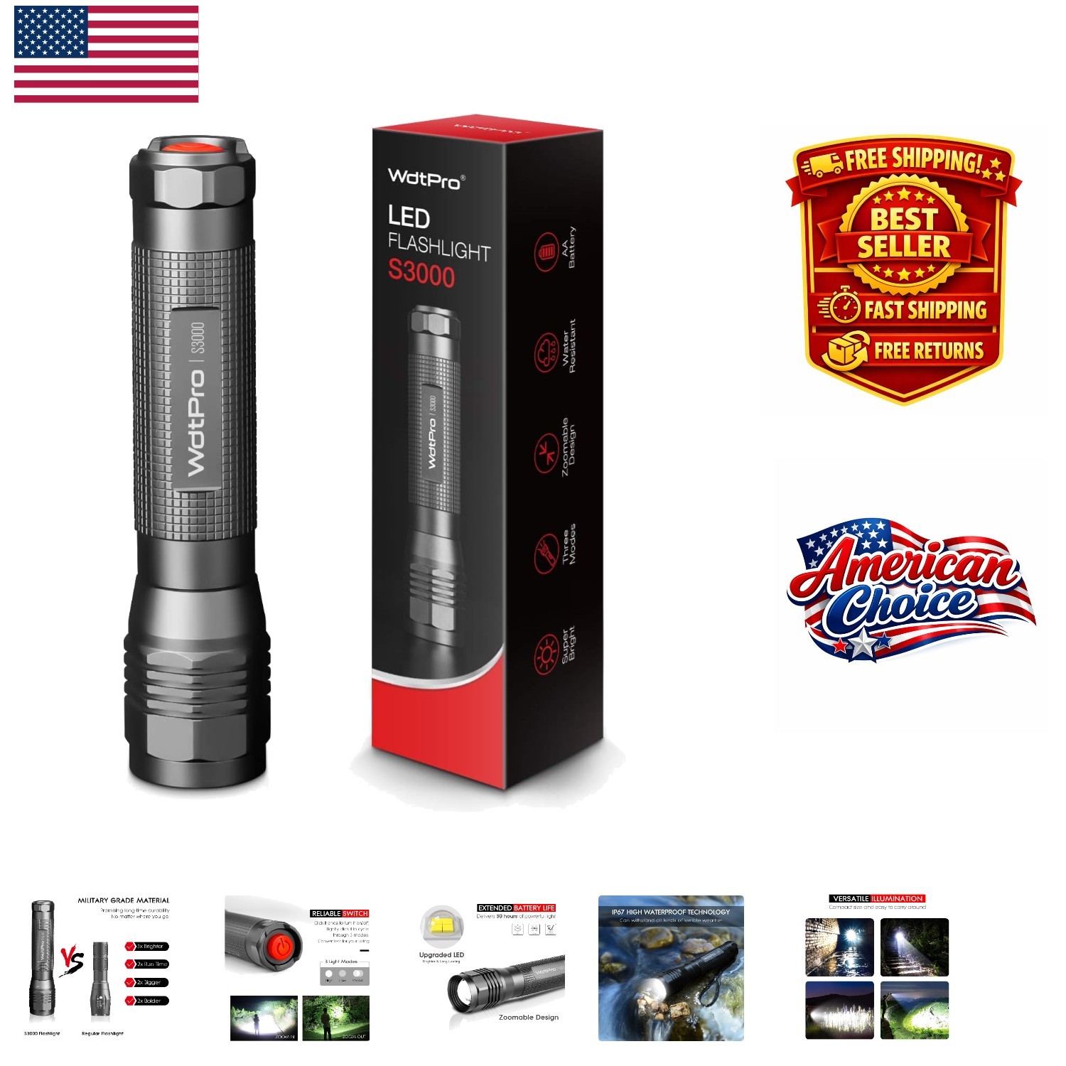 Compact & Durable S3000 Flashlight – Super Bright, Waterproof, 50000 Hrs Runtime