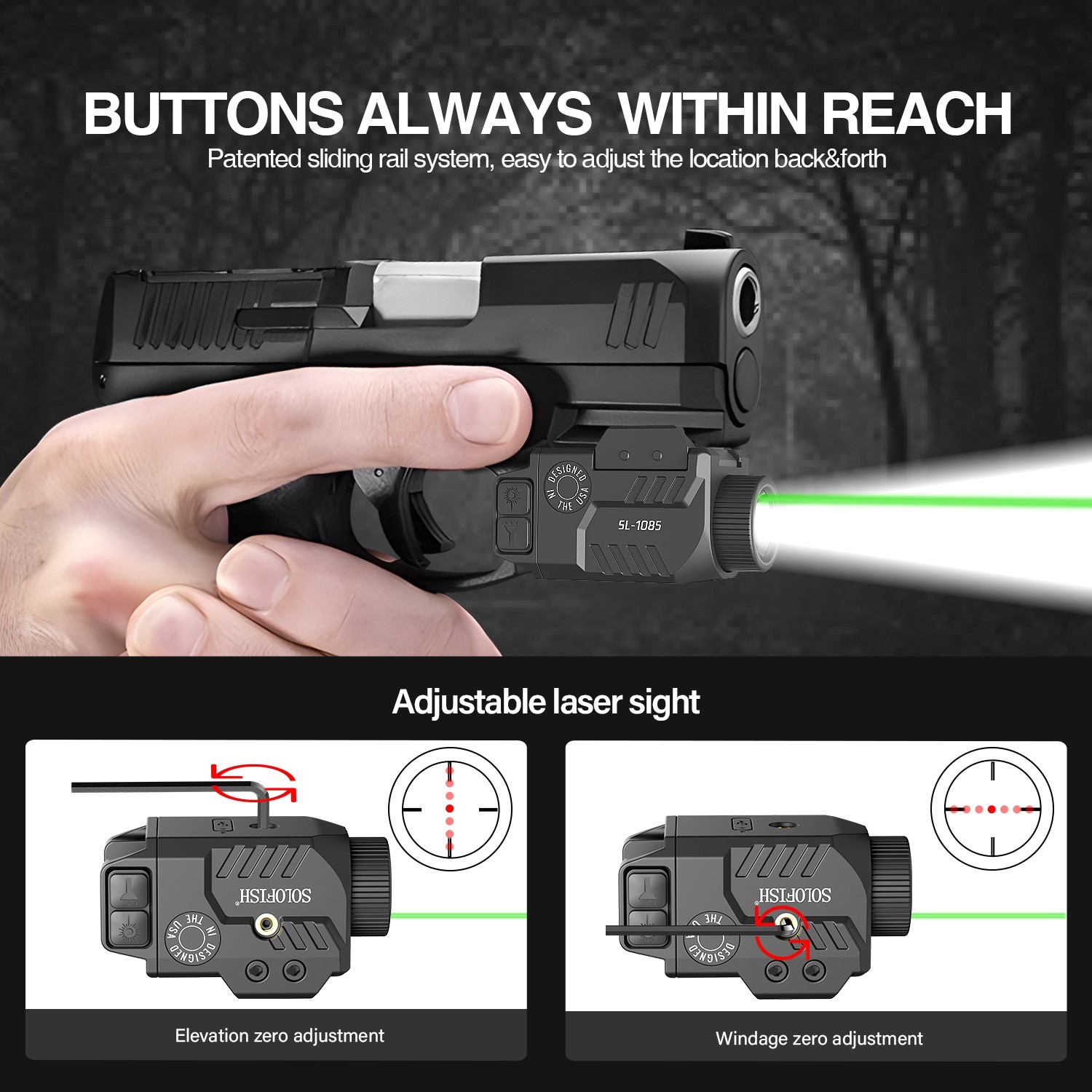 SOLOFISH 800lm Flashlight & Red/Green/Blue Laser Sight Combo Pistol Rechargeable