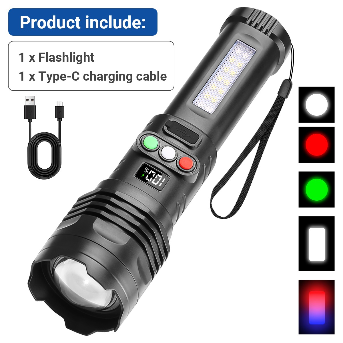 Super Bright 990000 Lumen 3Color LED Flashlight Rechargeable Tactical Work Light
