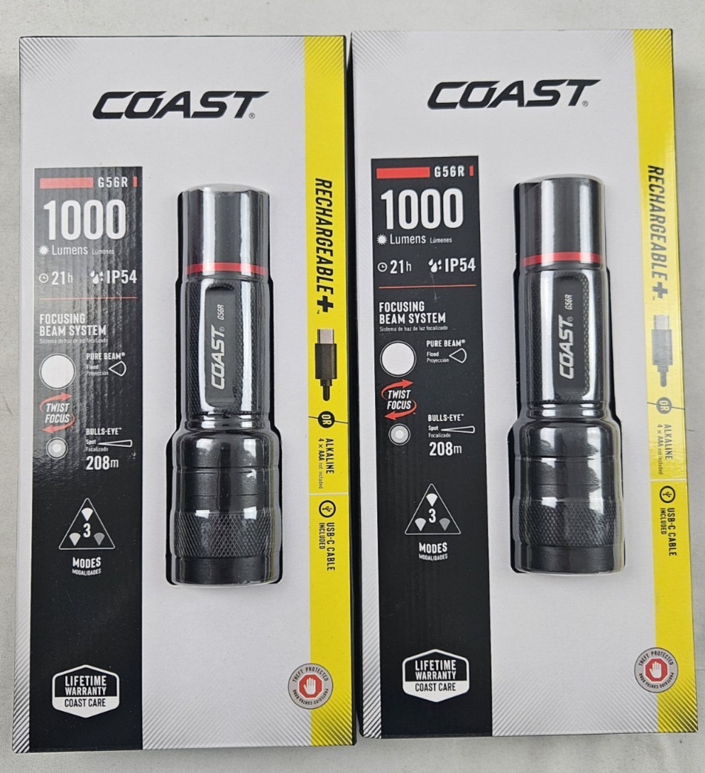 (Lot of 2) Coast G56R 1000 Lumens USB-C Rechargeable IP54 Twist-Focus Flashlight