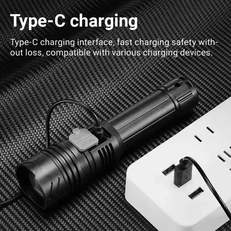 High Power LED Flashlight Type-C Rechargeable Torch 3 Modes Zoom Light Outdoor W