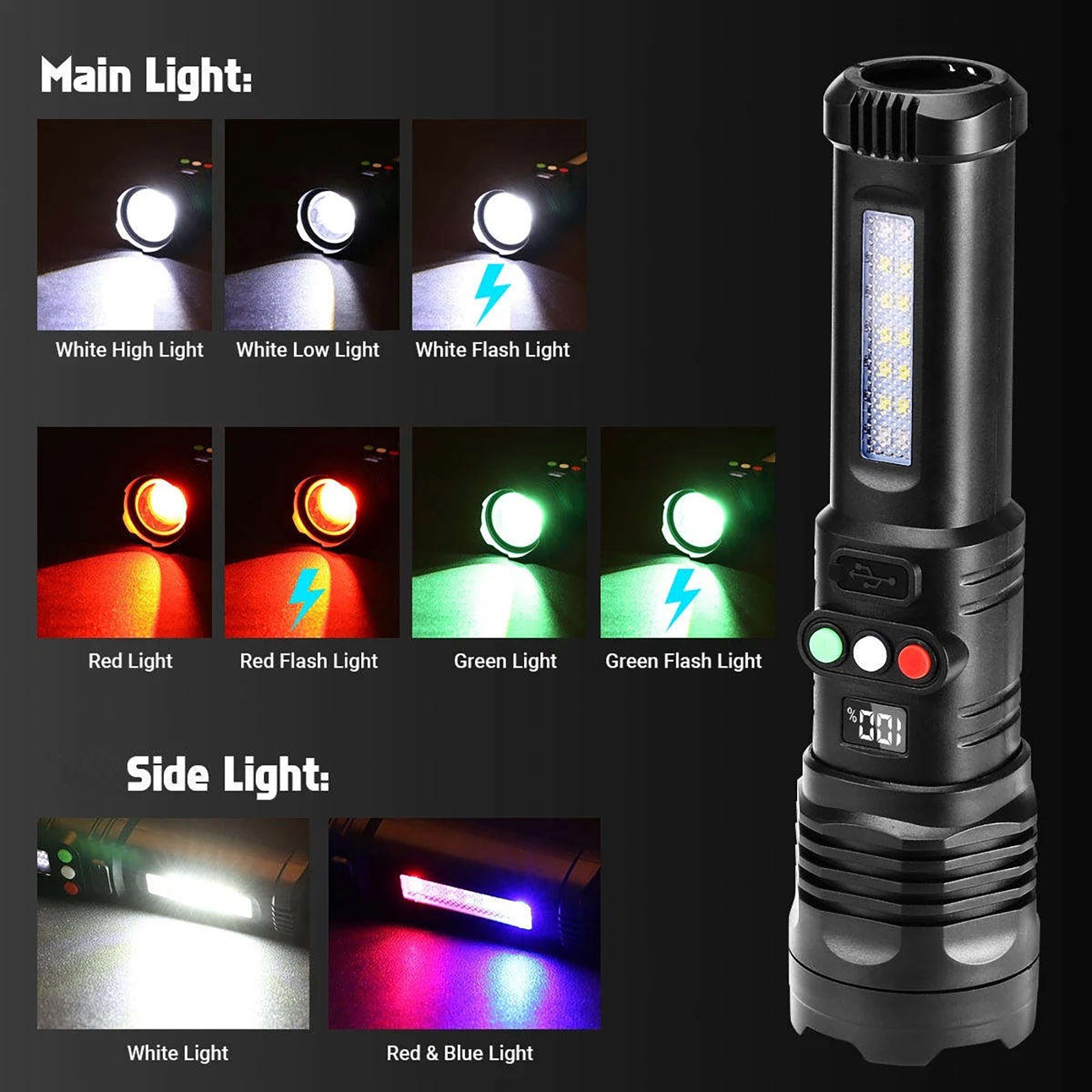300 Lumen Rechargeable Flashlight 3 Color LED With Zoom For Camping Emergency
