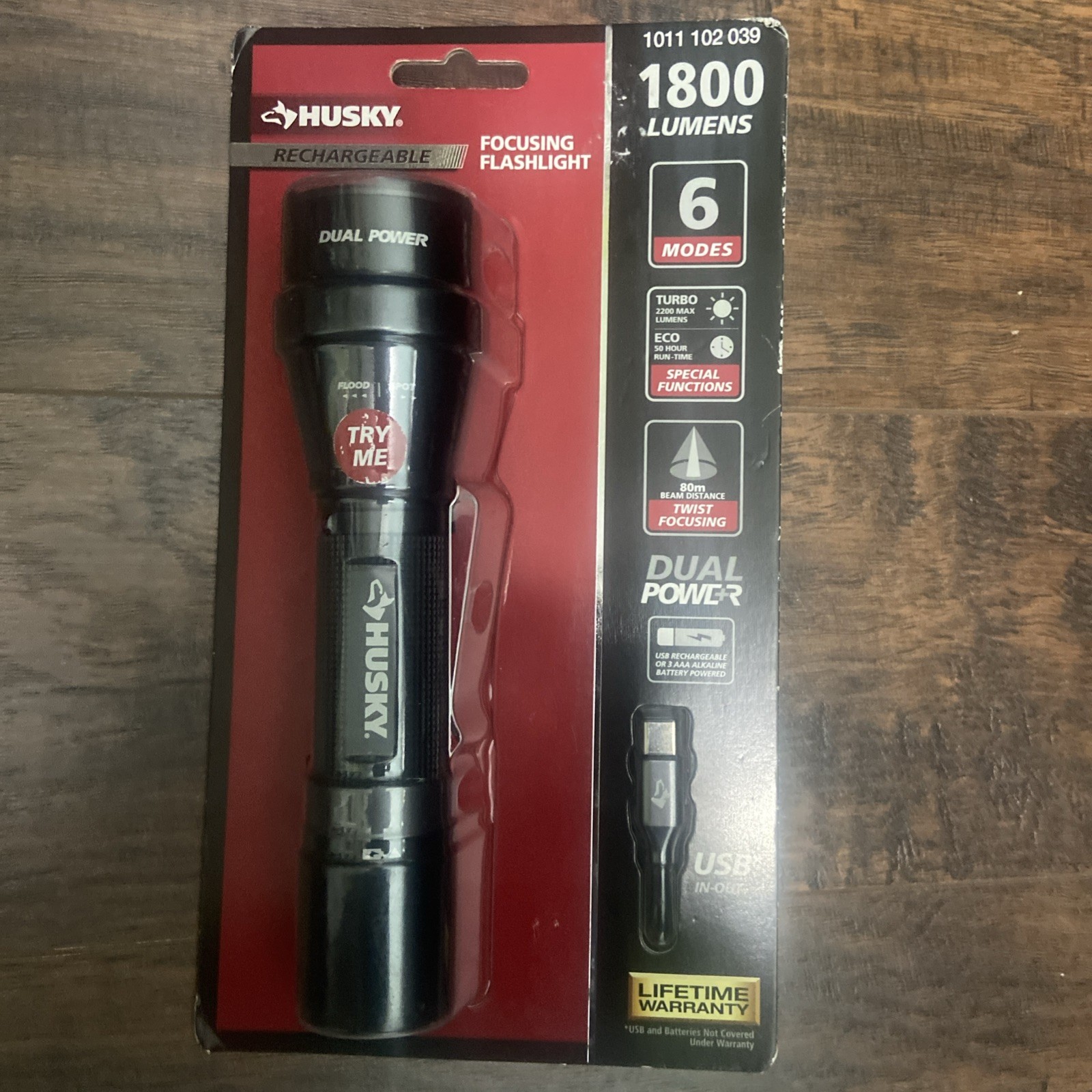Husky 1800 Lumens Dual Power LED Rechargeable Tactical Focusing Flashlight