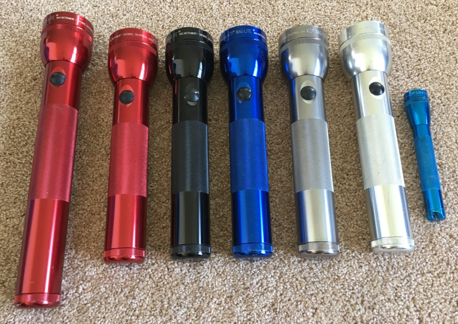 Lot Of 7 MAGLITE Flashlights 3D, 2D (5), 2AA Incandescent Ontario Work Great
