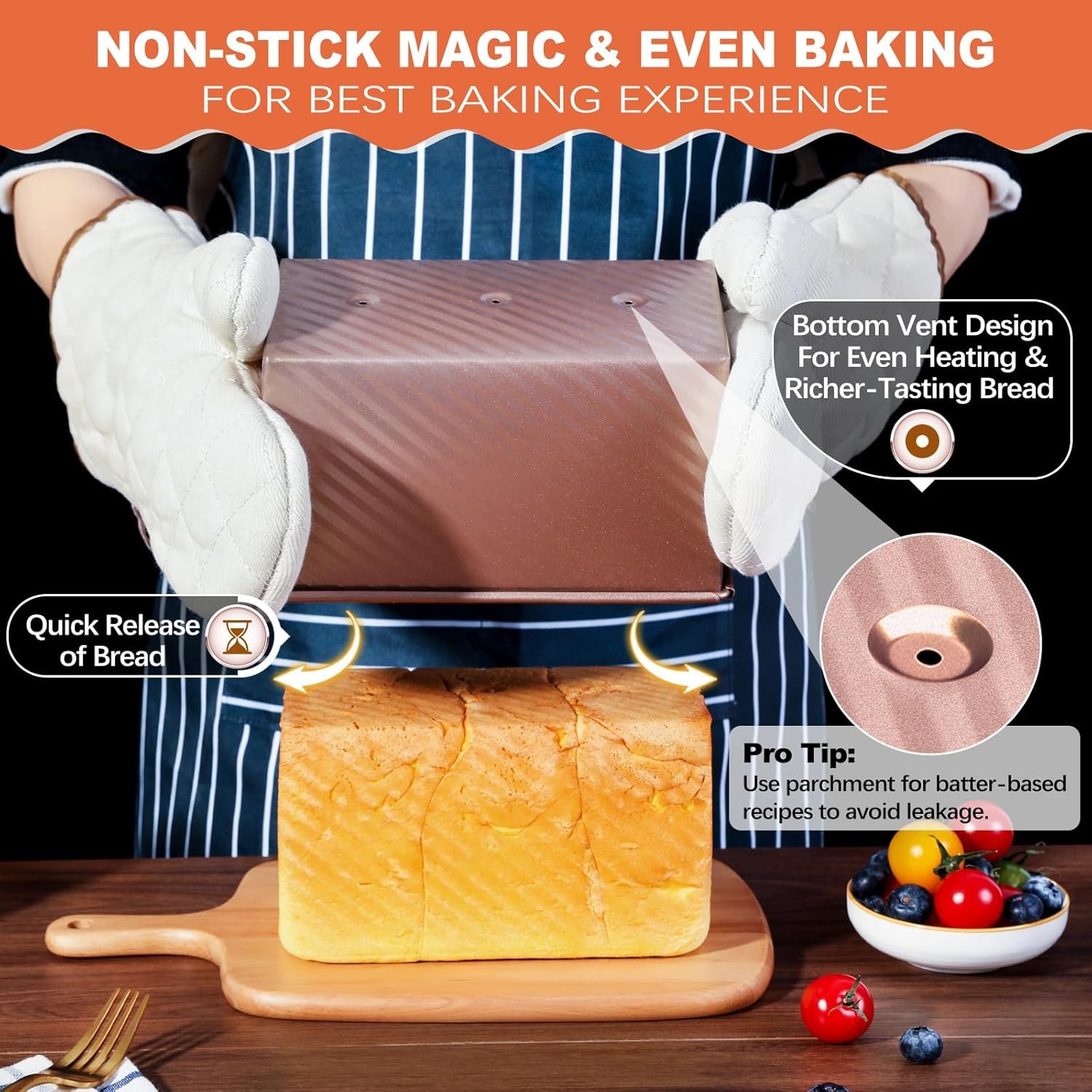 2 Pack Pullman Loaf Pan with Lid, 1 lb/0.5 lb Dough Capacity, Gold, Rose Gold