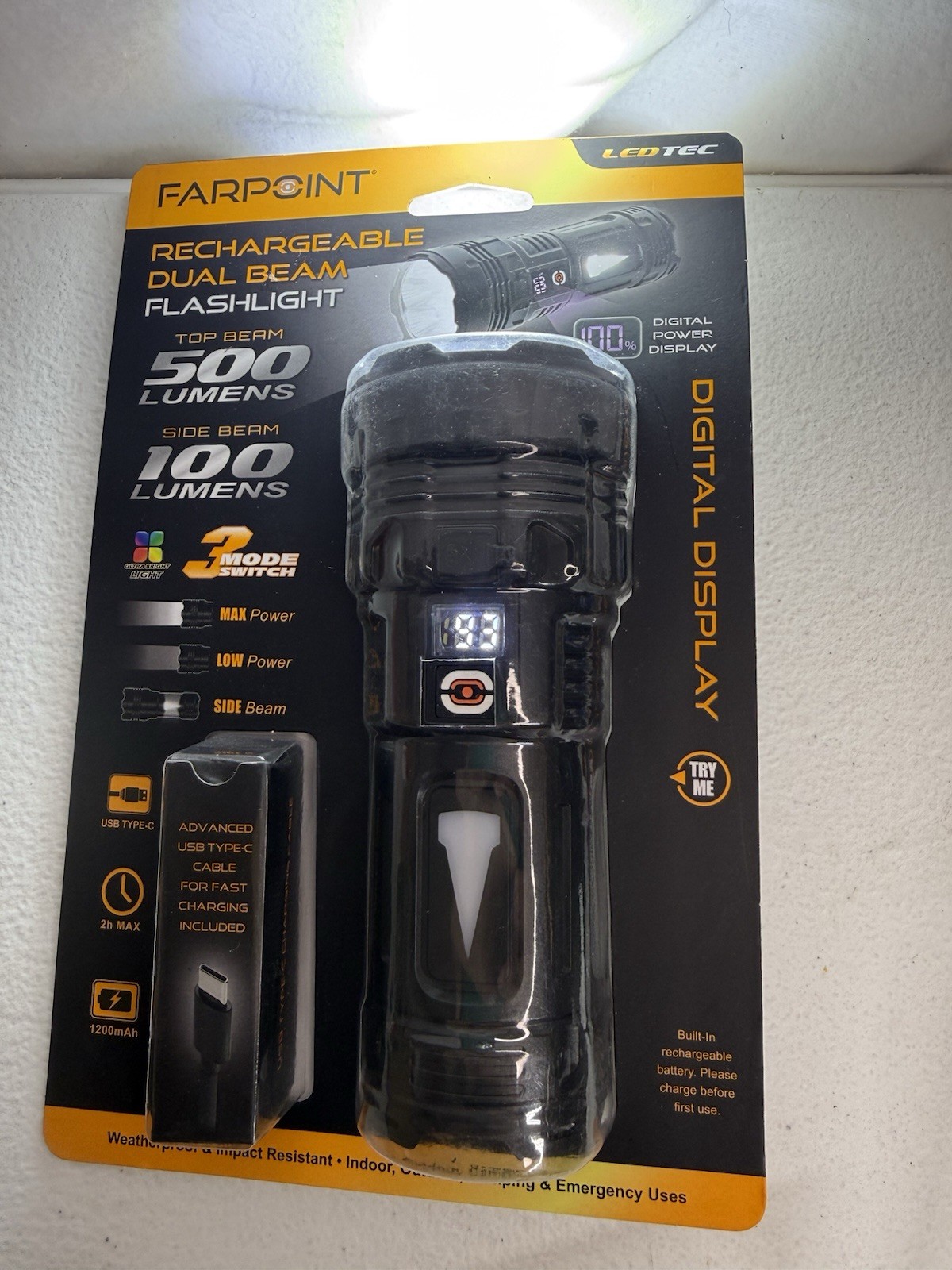 Rechargeable Dual Beam Flashlight 500 Lumen Digital Display Camping Gift for Dad