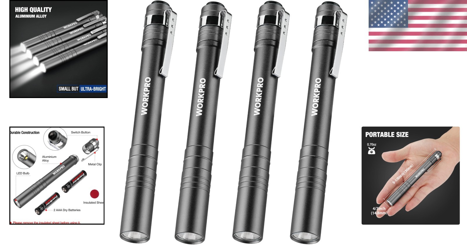 LED Pen Light 4 Pack Aluminum Pocket Flashlights with Clip Water Resistant Ba…