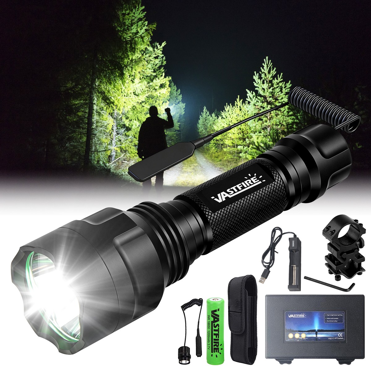 500Yards LED Flashlight Hunting Night Light Torch With Scope Mount 20mm Rail