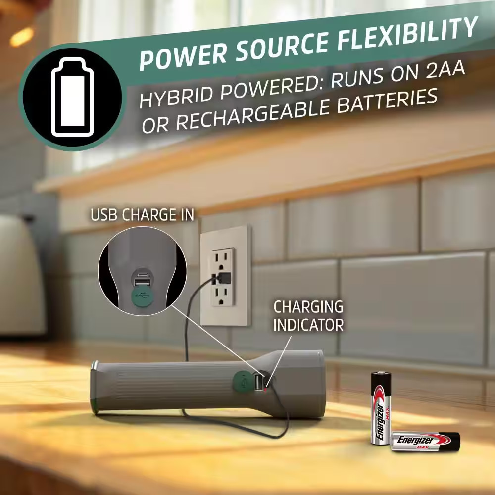 Hybrid Solar Flashlight with Built-In USB Power Bank, 600 Lumen