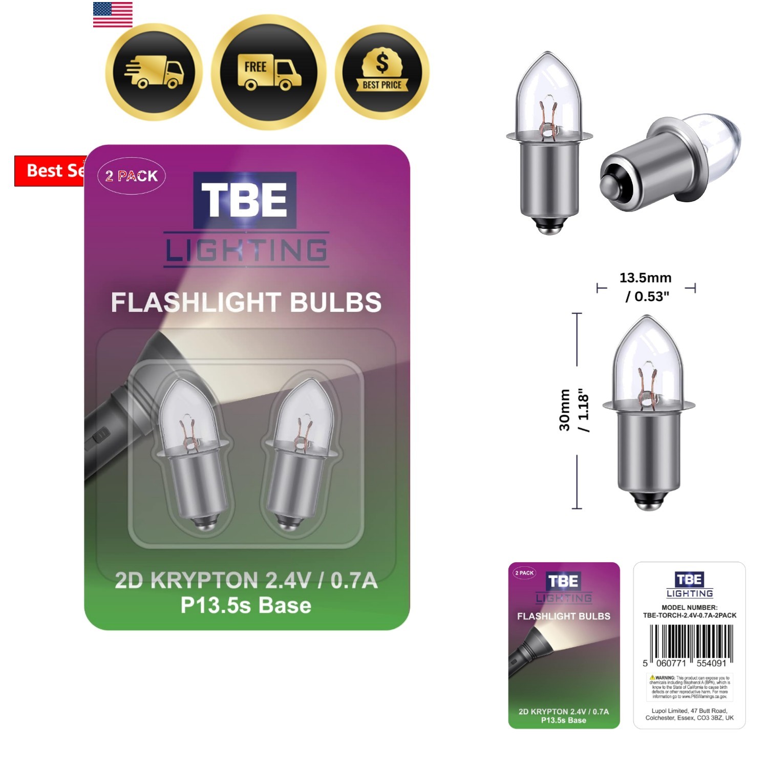 Replacement 2D 2.4 Volt, 0.7A Bayonet Base P13.5 Krypton Flashlight Bulbs, Pa…