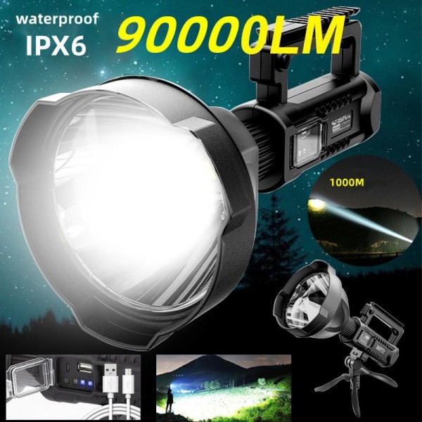 90000LM LED Spotlight Flashlight 4 Modes IPX6 Waterproof Searchlight for Fishing