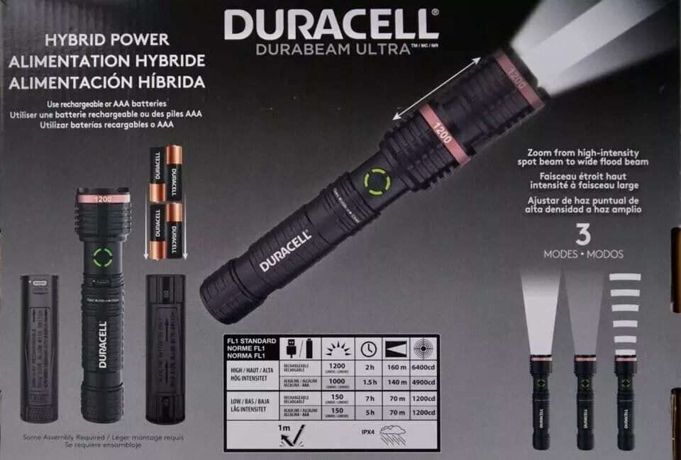 3 Pack Duracell LED Flashlights 1200 Lumens Rechargeable or AAA USB-C Cables NEW