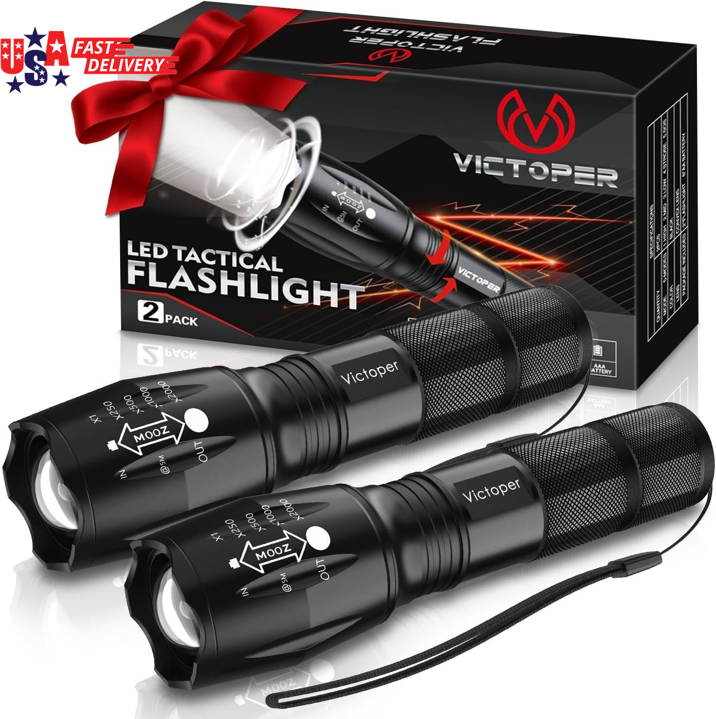 LED Flashlight 2 Pack, Bright Tactical Torch High Lumens with 5 Modes, Waterproo