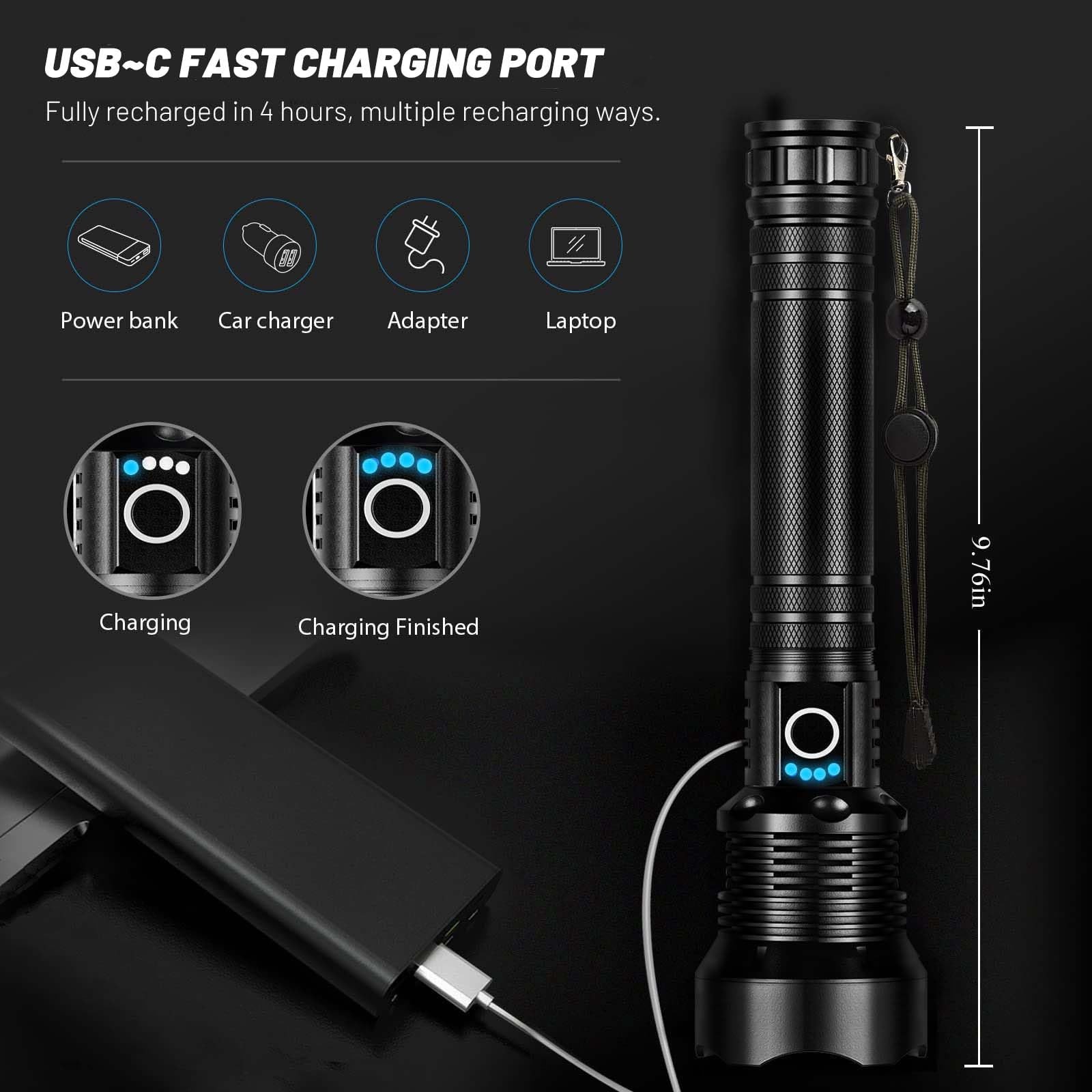Rechargeable 99000 Lumens LED Flashlight, USB, 5 Modes, Waterproof