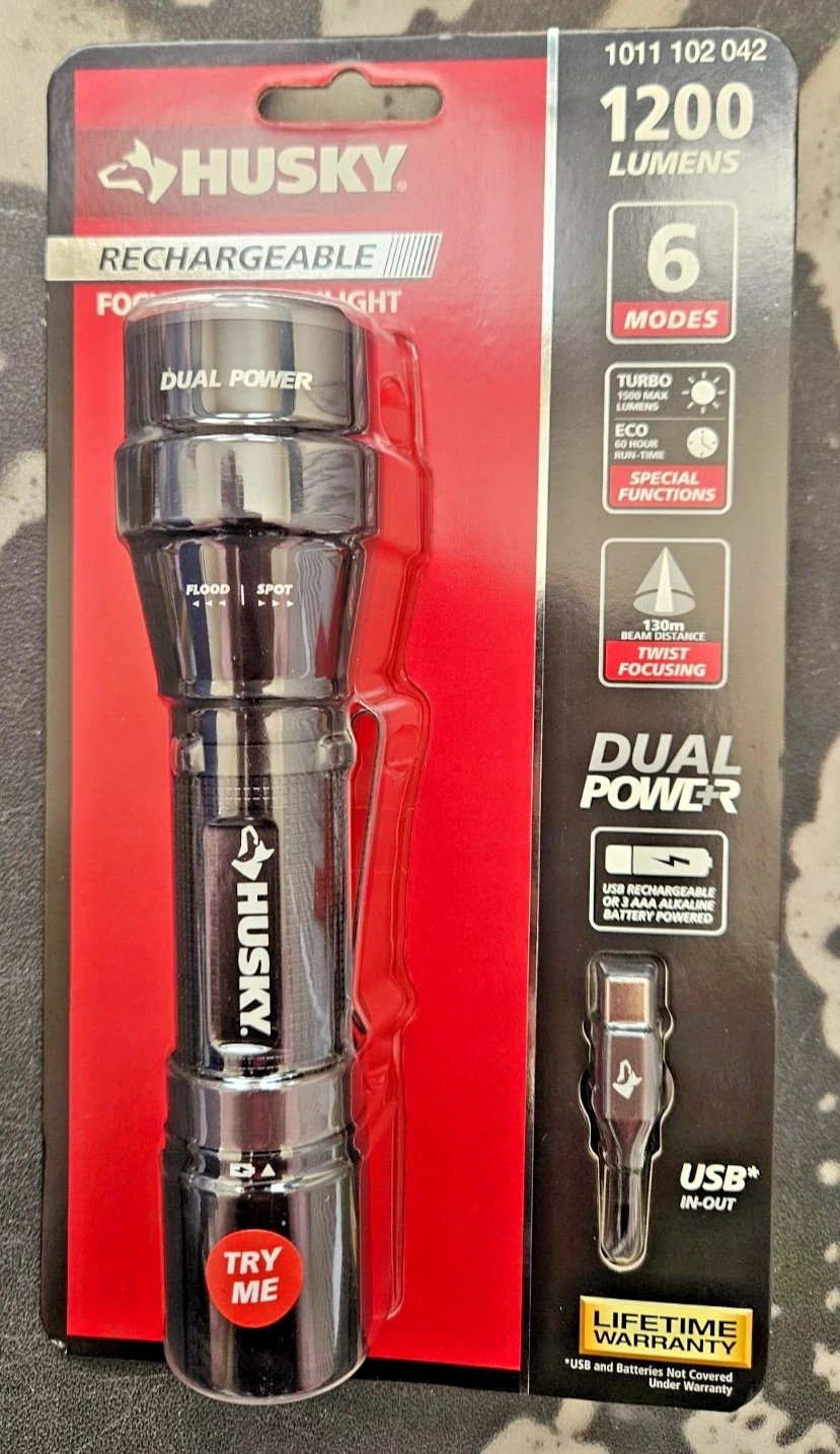 Husky 1200 Lumens Dual Power LED Rechargeable Focusing Flashlight