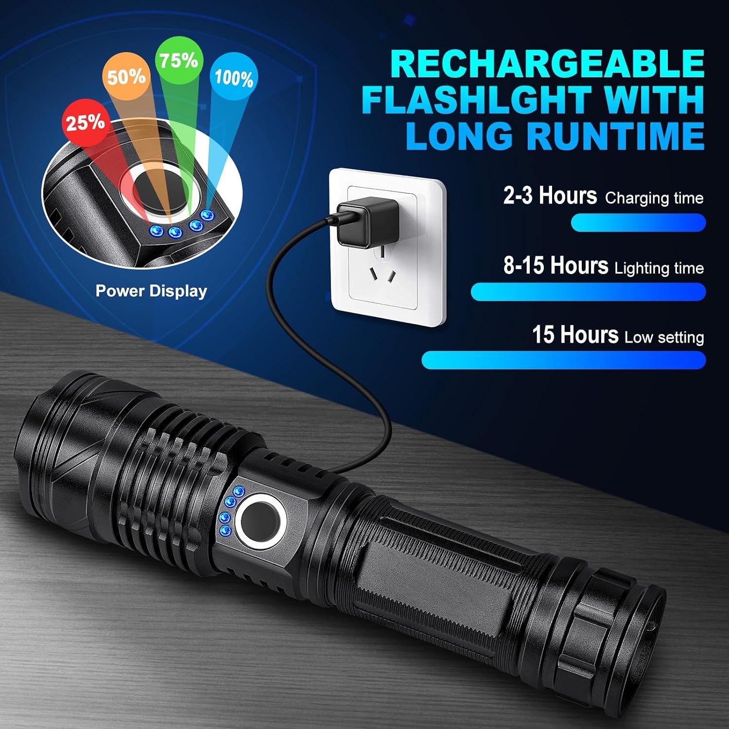 Black High Lumens Rechargeable Super Bright Led Flashlight 990000 Lumens