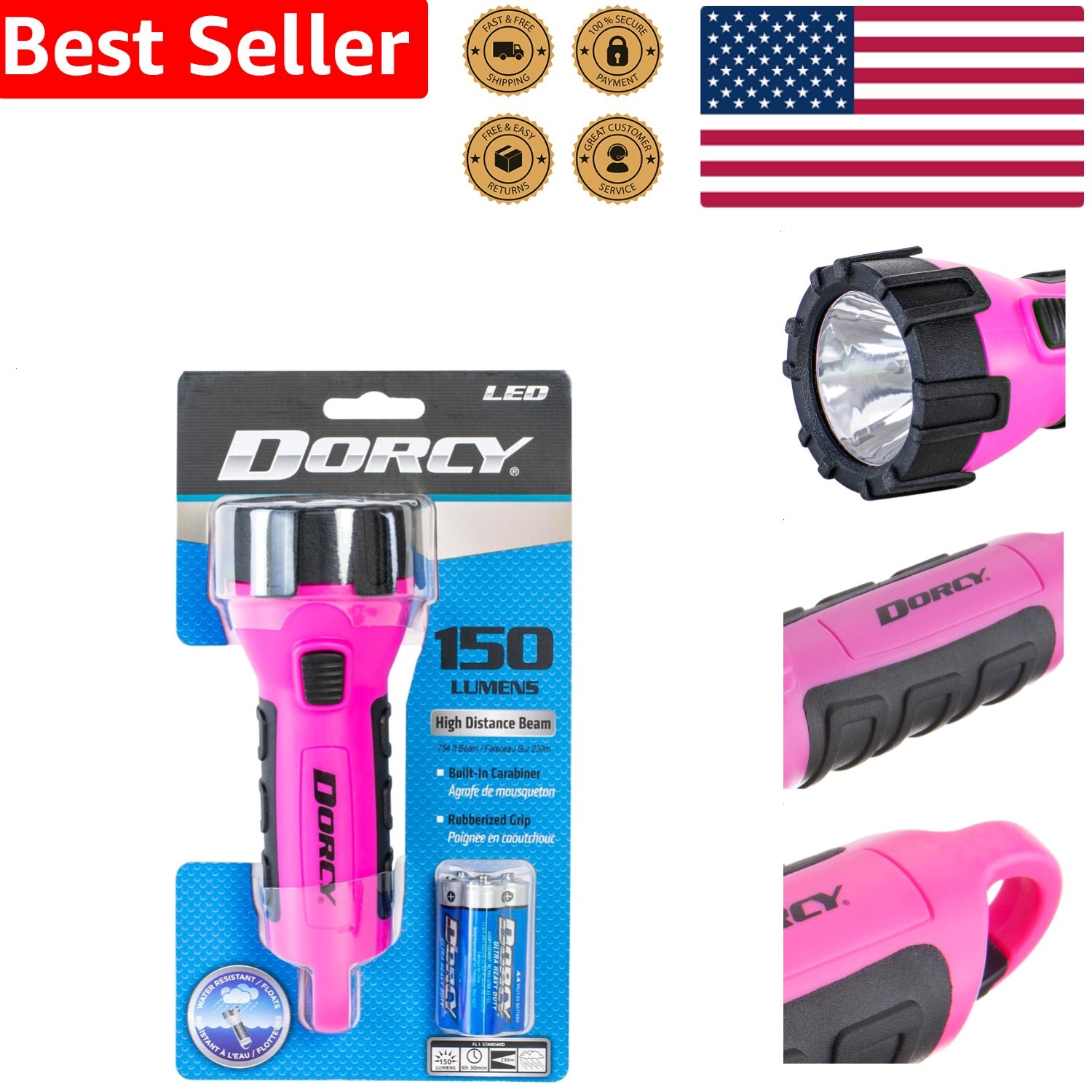 Impact Resistant Pink LED Flashlight Floats, 55 Lumens, Carabiner, All Weather