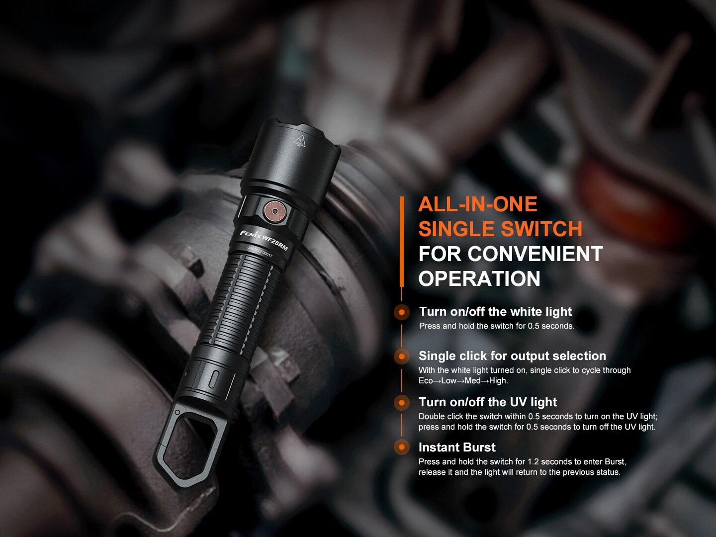 Fenix WF25RM 3000 Lumen Rechargeable Duty Flashlight w/ UV Light & Cradle