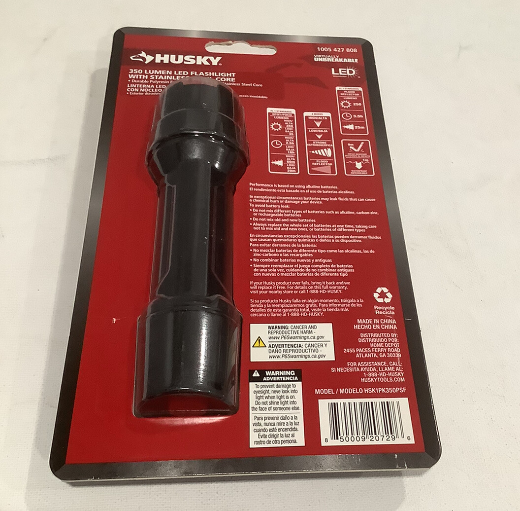Husky 350 Lumens Tough Stainless Steel Core LED Flashlight – New