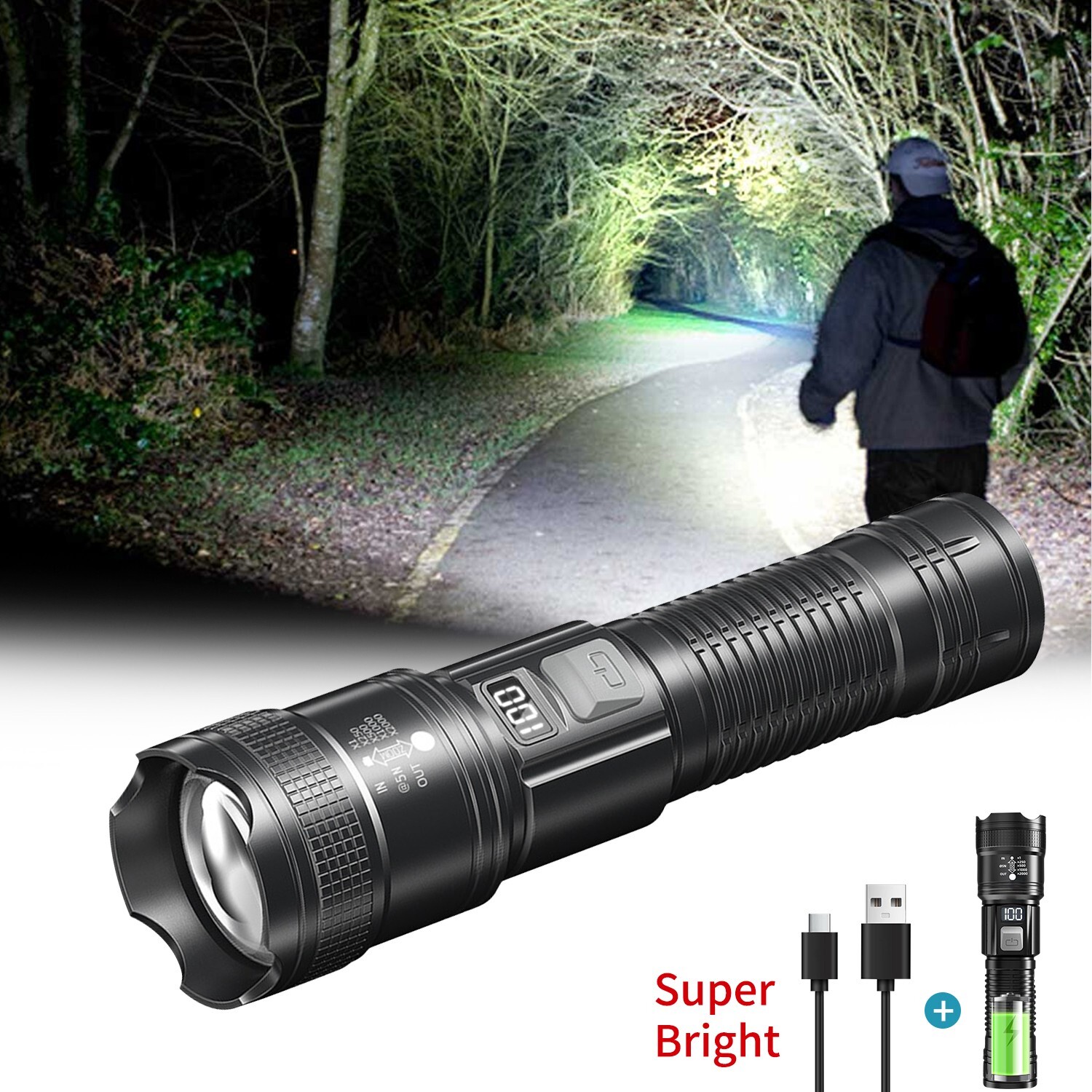 QuadCore LED Flashlight With Power,Type-C Charging,Zoom & Floodlight For Outdoor