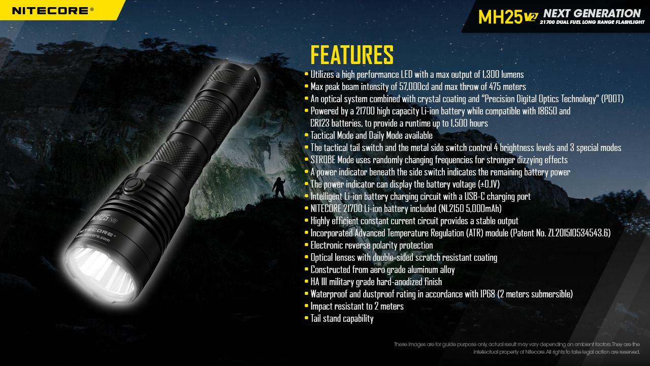 Nitecore MH25 v2 Type-C USB Rechargeable LED Flashlight – 1300 Lumens, 475 Mete