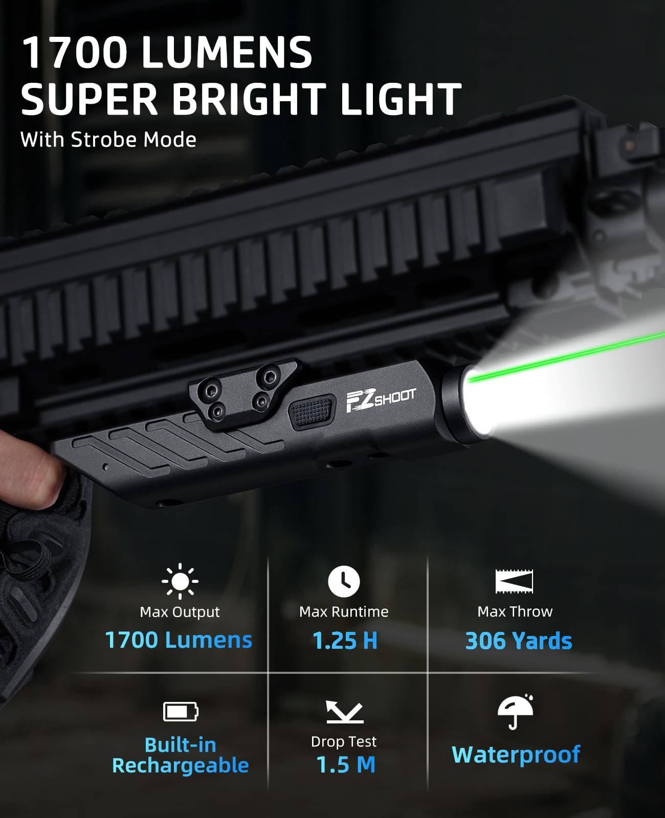 Tactical 1700 Lumen Rifle Light & Green Laser Combo, Magnetic Rechargeable