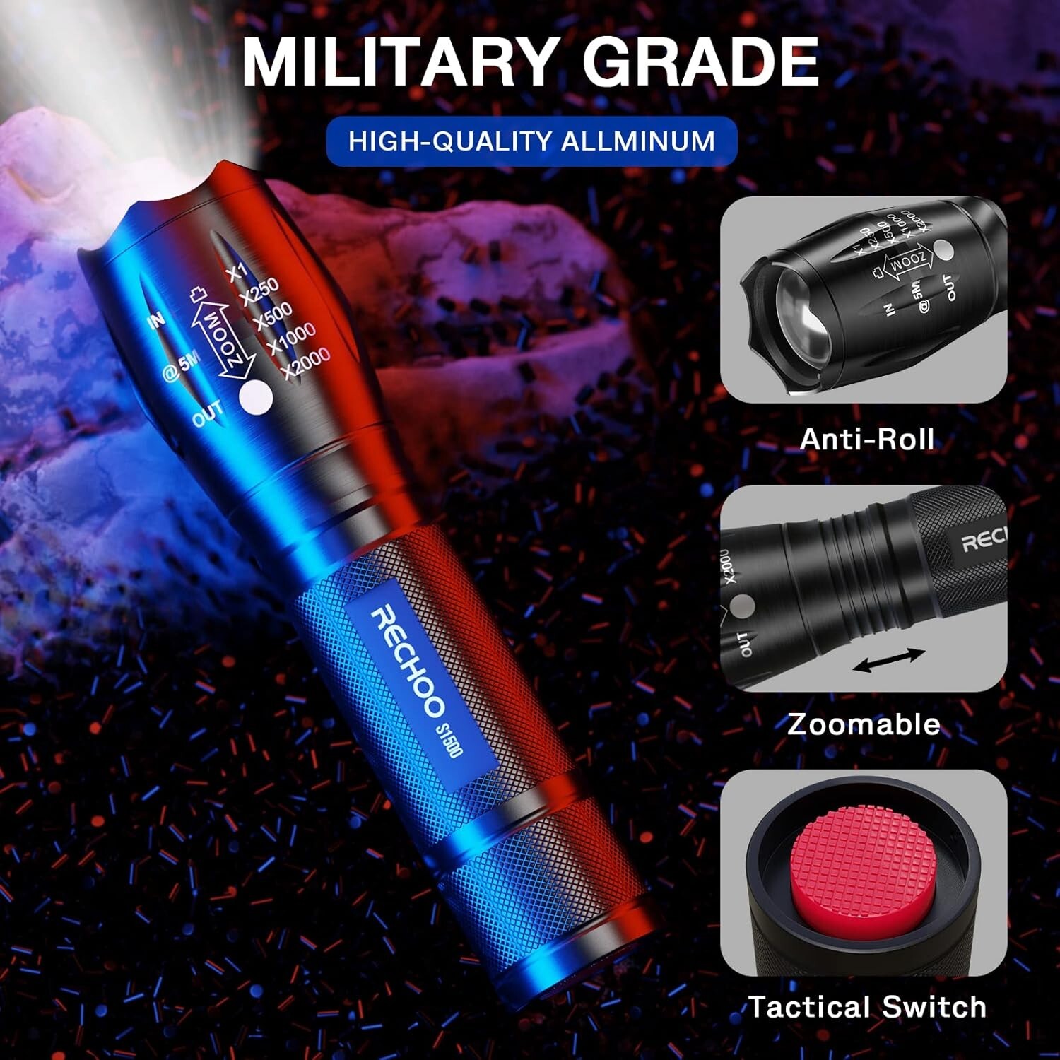 Tactical Flashlight 2 Pack, Bright Zoomable LED Flashlights High Lumens with 5 M
