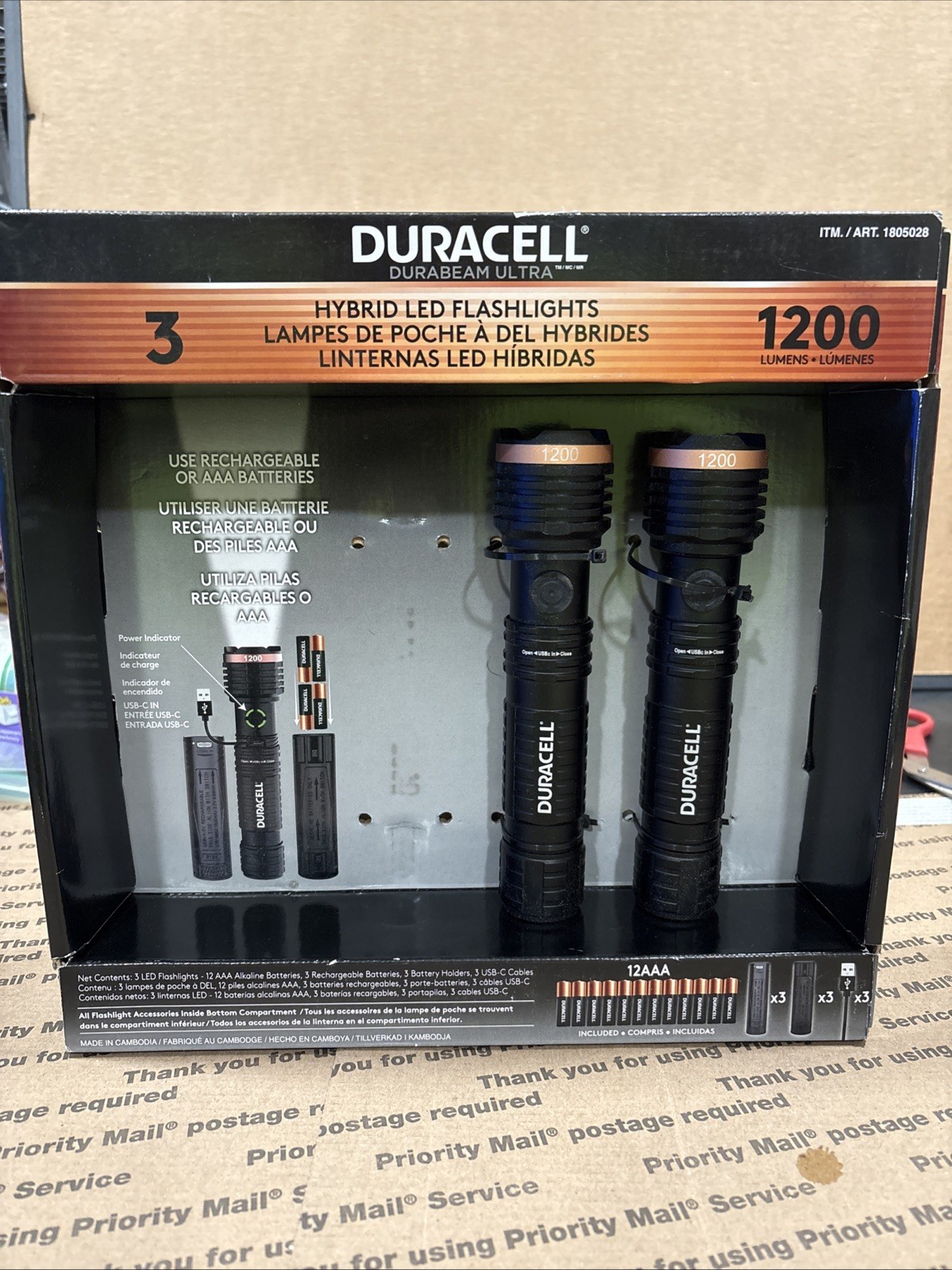 3 Pack -1 Duracell LED Flashlights 1200 Lumens Rechargeable or AAA USB-C Cables