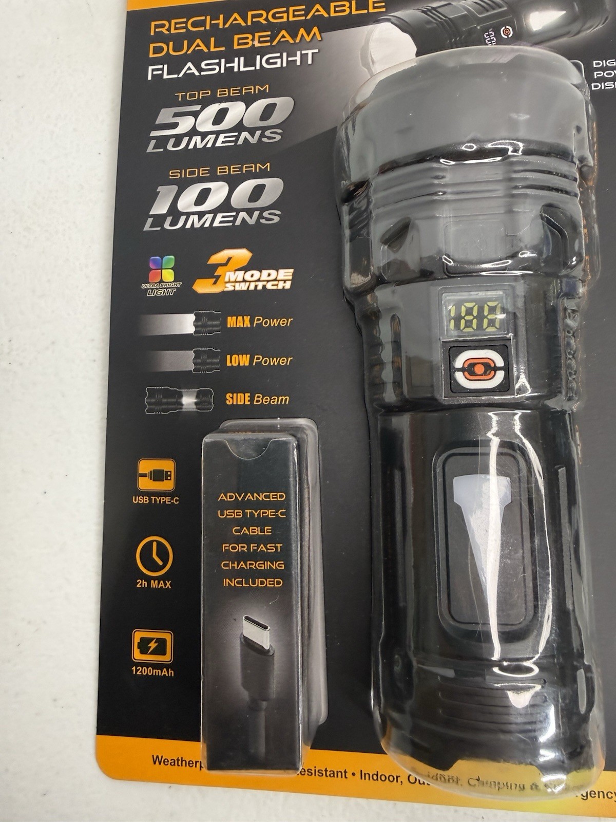 Rechargeable Dual Beam Flashlight 500 Lumen Digital Display Camping Gift for Dad
