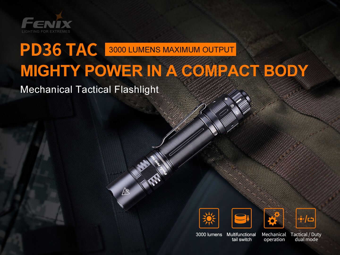 Fenix PD36 TAC 3000 Lumen Tactical Flashlight w/ 2x USB-C Rechargeable Batteries
