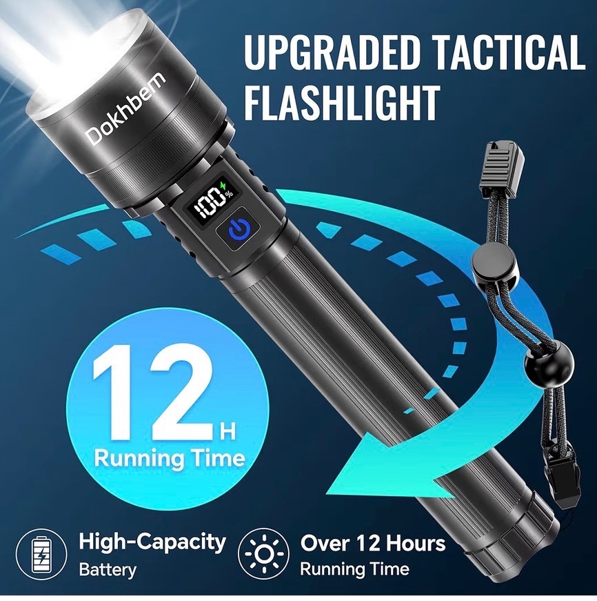 Tactical LED Flashlight 90000 High Lumens LCD Digital Display Waterproof Recharg