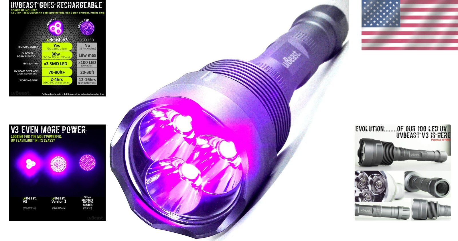 Professional Grade Rechargeable UV Flashlight – 70ft Range & Anodized Finish