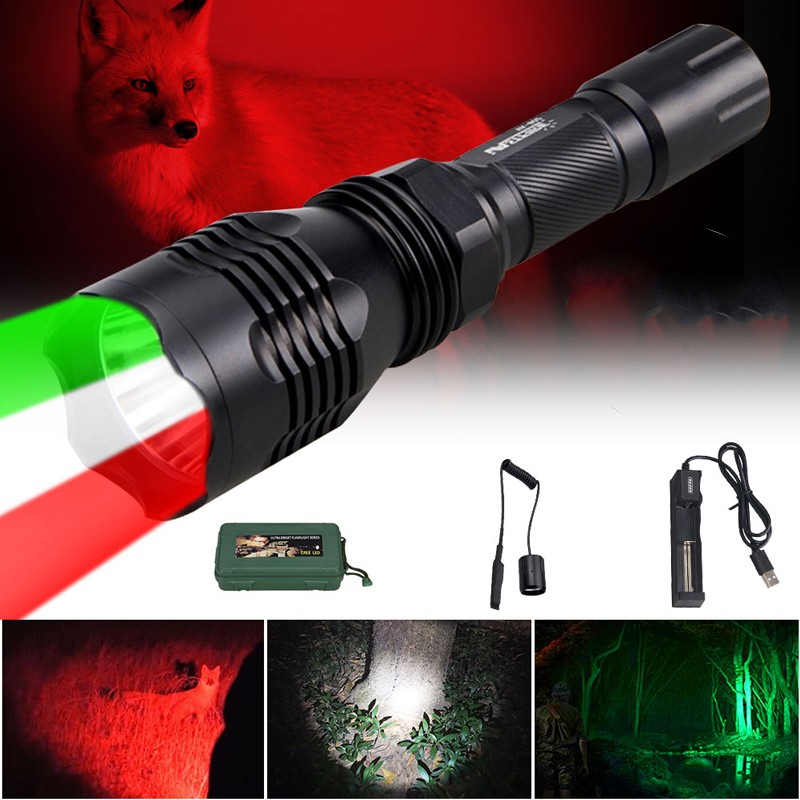 Hunting Red/Green/White Light 3LEDs Flashlight Predator Torch w/ Two Free Mounts