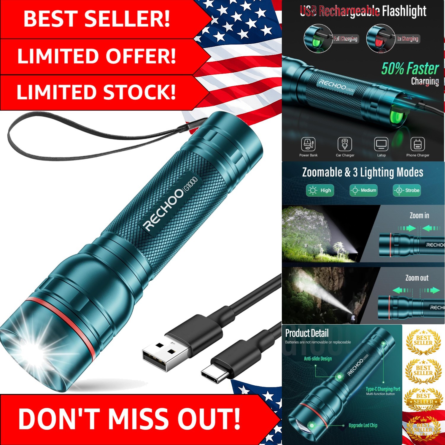 Rechargeable Military-Grade Flashlight 1 Pack, High Lumens & Waterproof Design
