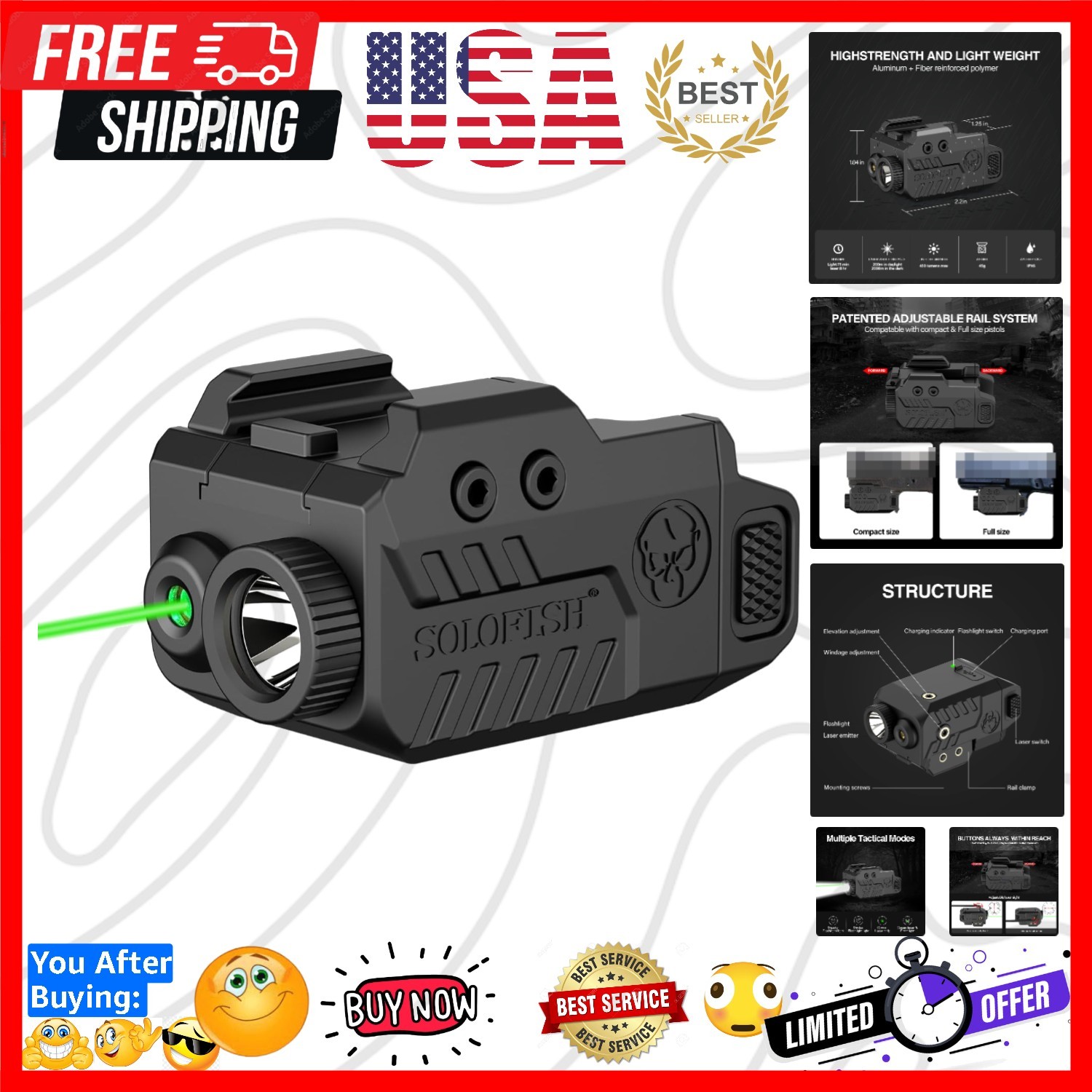 500lm Tactical Flashlight Compatible for Compact with Rail, Green/Red/Blue Be…