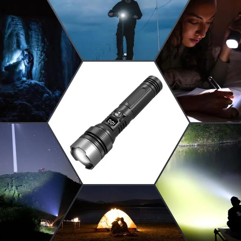 1000000LM LED Flashlight USB Digital Display IPX8 Long Lasting Camping Emergency