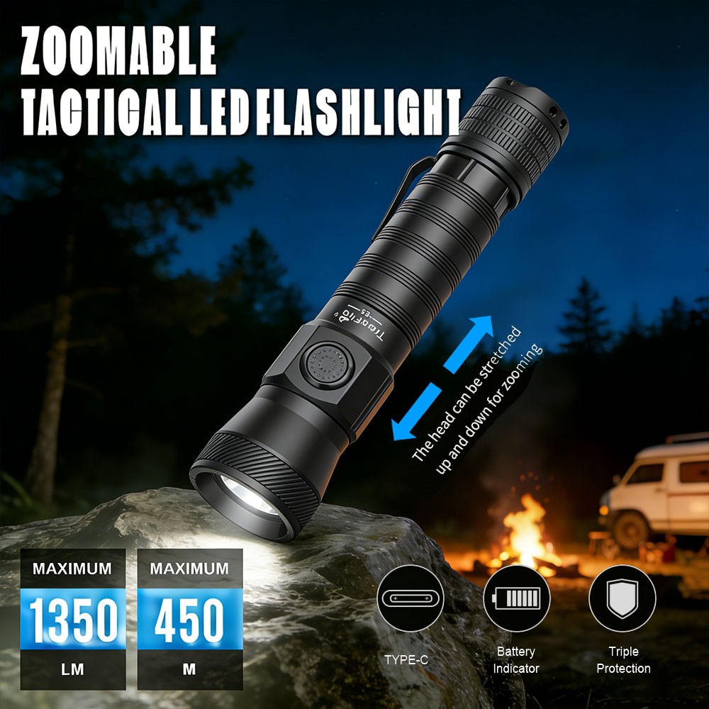 Trustfire E5 1350LM Zoomable Rechargeable LED Flashlight Tactical LED Torch S