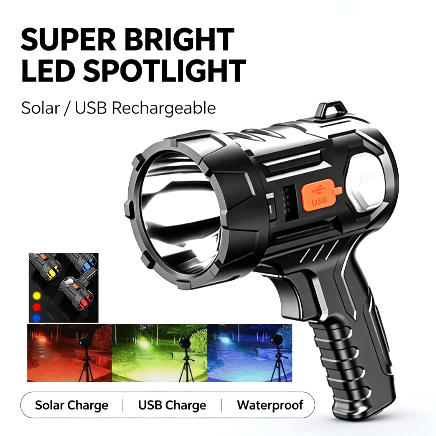 Solar/USB Super Bright Rechargeable LED Spotlight Flashlight Searchlight Camping