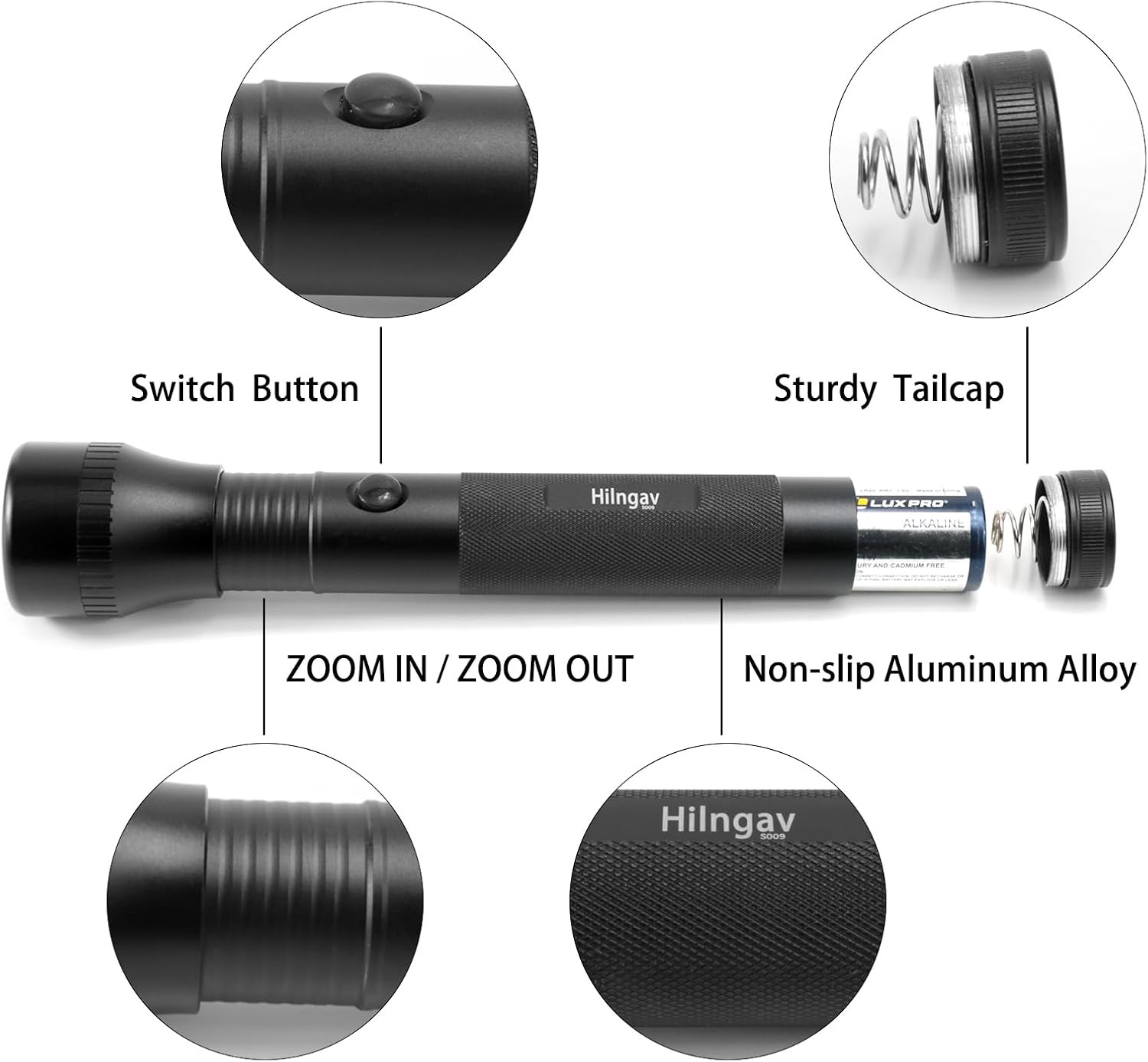 Heavy Duty 2-Cell D Battery LED Big Flashlights, Zoomable Single Mode Aluminum A