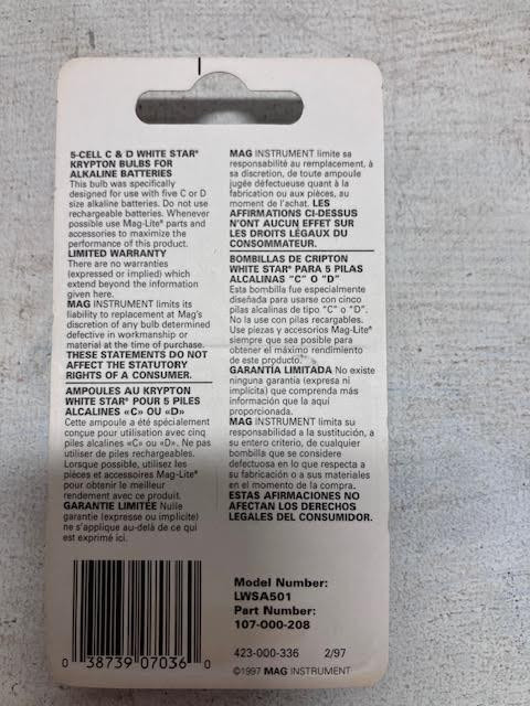 Lot Of 12 (6-2packs) Maglite 5 Cell C & D Maglite Bulb White Star LWSA501