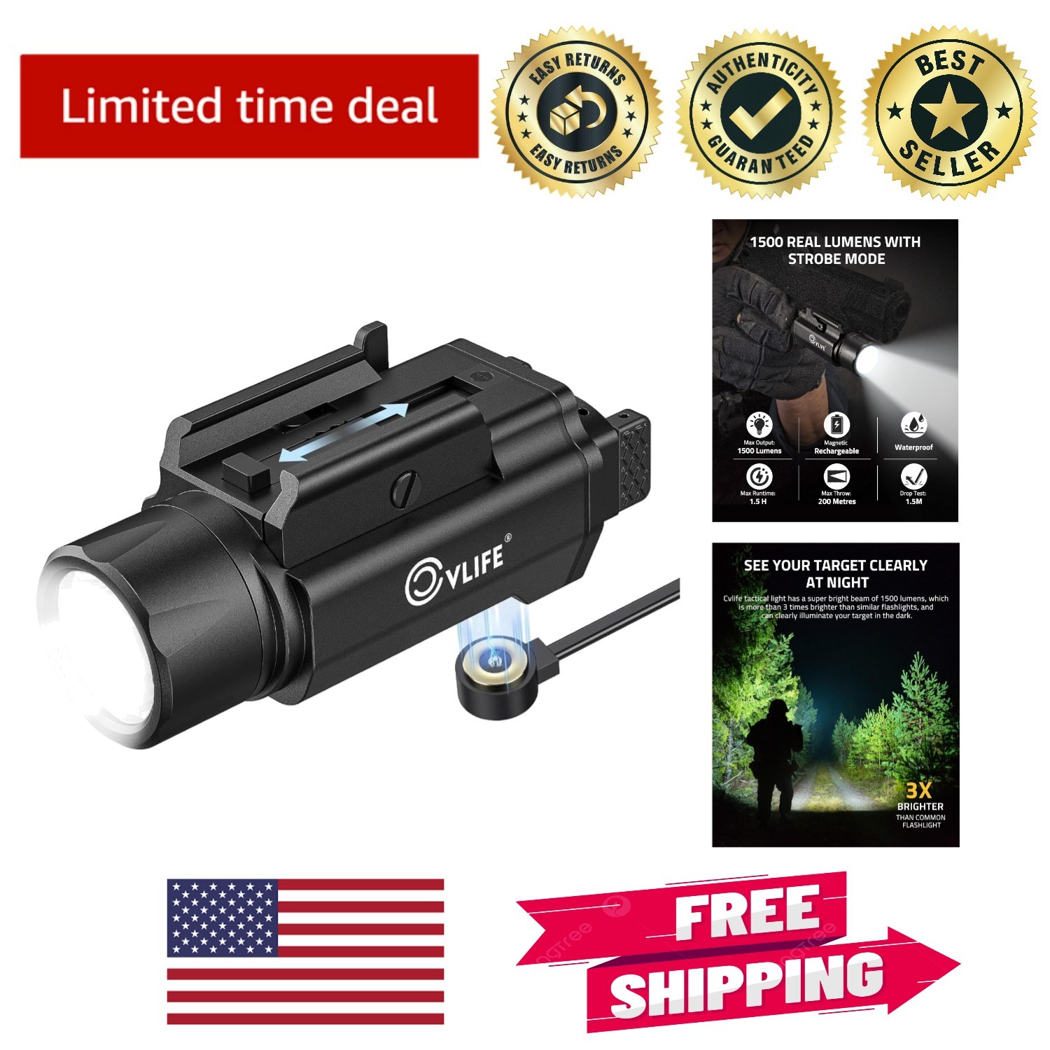 1500 Lumens Magnetic Rechargeable Tactical Flashlight for Firearms & Outdoor Use
