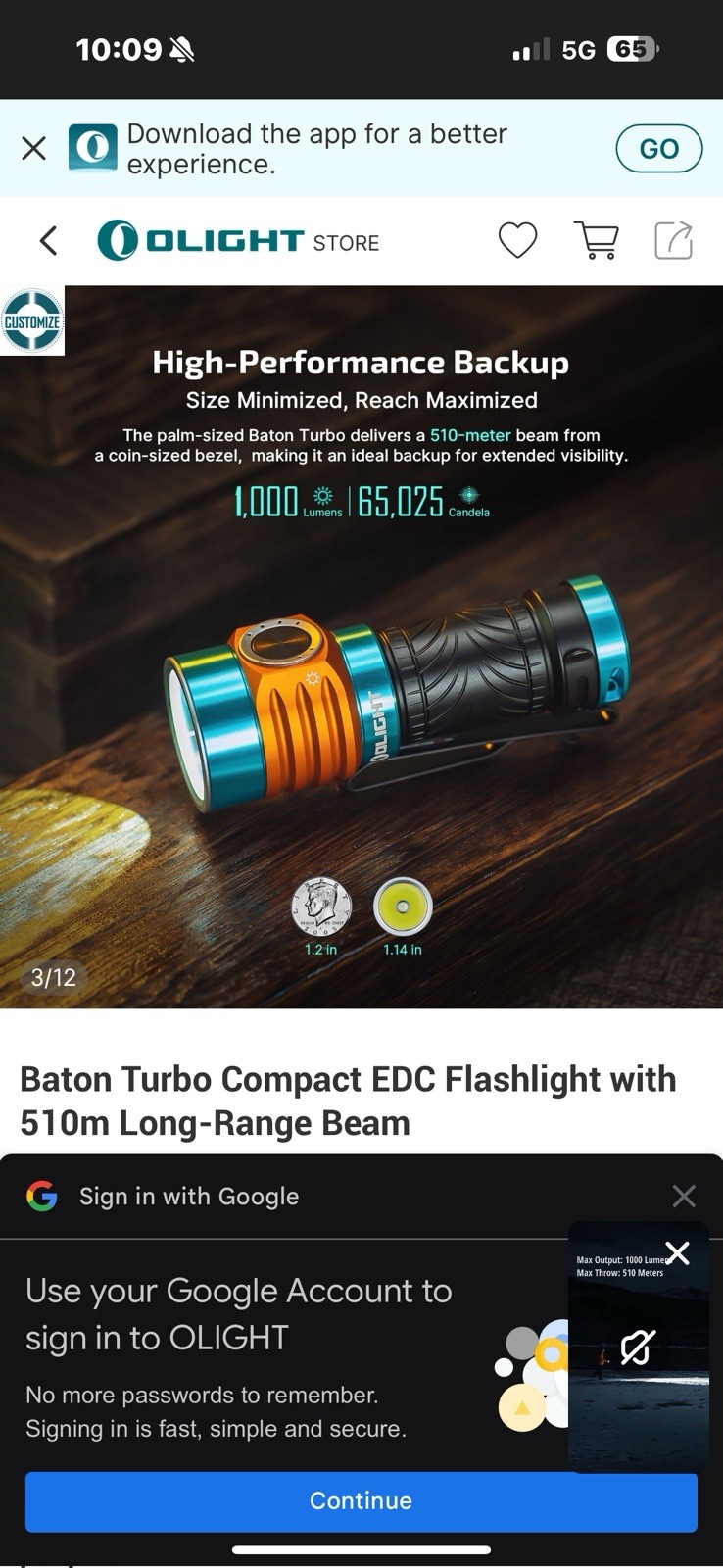 Baton Turbo Compact EDC Flashlight with 510m Long-Range Beam